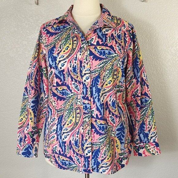 Talbots 2X Cotton Button Down Shirt Blue & Pink Paisley - Picture 1 of 4